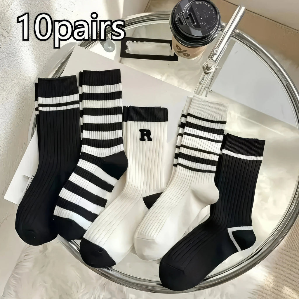 5/10 Pairs of Daily Mixed Color Striped Socks, Soft and Breathable Seasonal Socks Suitable for Daily Wear