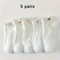 5 Pairs of White Cartoon Pattern Socks with Cartoon Bear and Floral Patterns - Soft, Machine Washable, Suitable for All Seasons