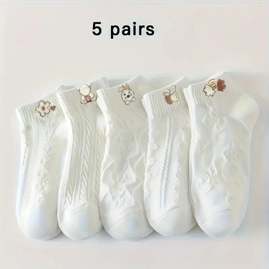 5 Pairs of White Cartoon Pattern Socks with Cartoon Bear and Floral Patterns - Soft, Machine Washable, Suitable for All Seasons
