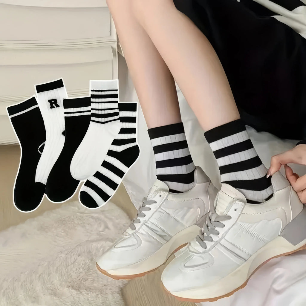 5/10 Pairs of Daily Mixed Color Striped Socks, Soft and Breathable Seasonal Socks Suitable for Daily Wear
