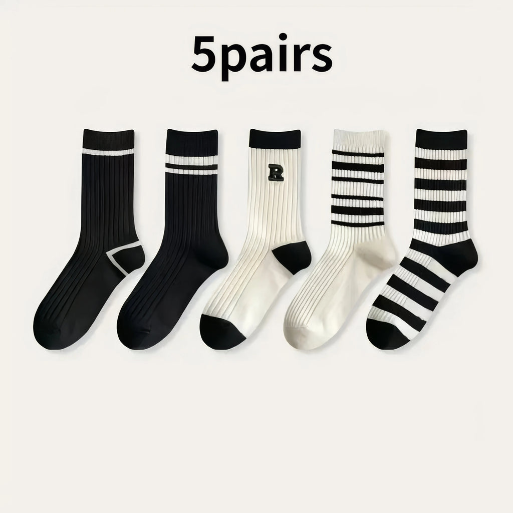 5/10 Pairs of Daily Mixed Color Striped Socks, Soft and Breathable Seasonal Socks Suitable for Daily Wear