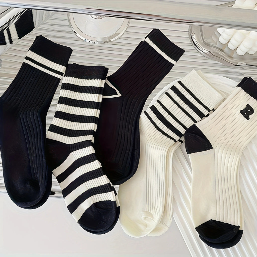 5/10 Pairs of Daily Mixed Color Striped Socks, Soft and Breathable Seasonal Socks Suitable for Daily Wear