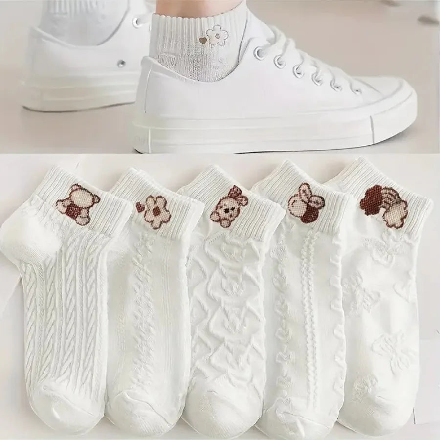 5 Pairs of White Cartoon Pattern Socks with Cartoon Bear and Floral Patterns - Soft, Machine Washable, Suitable for All Seasons