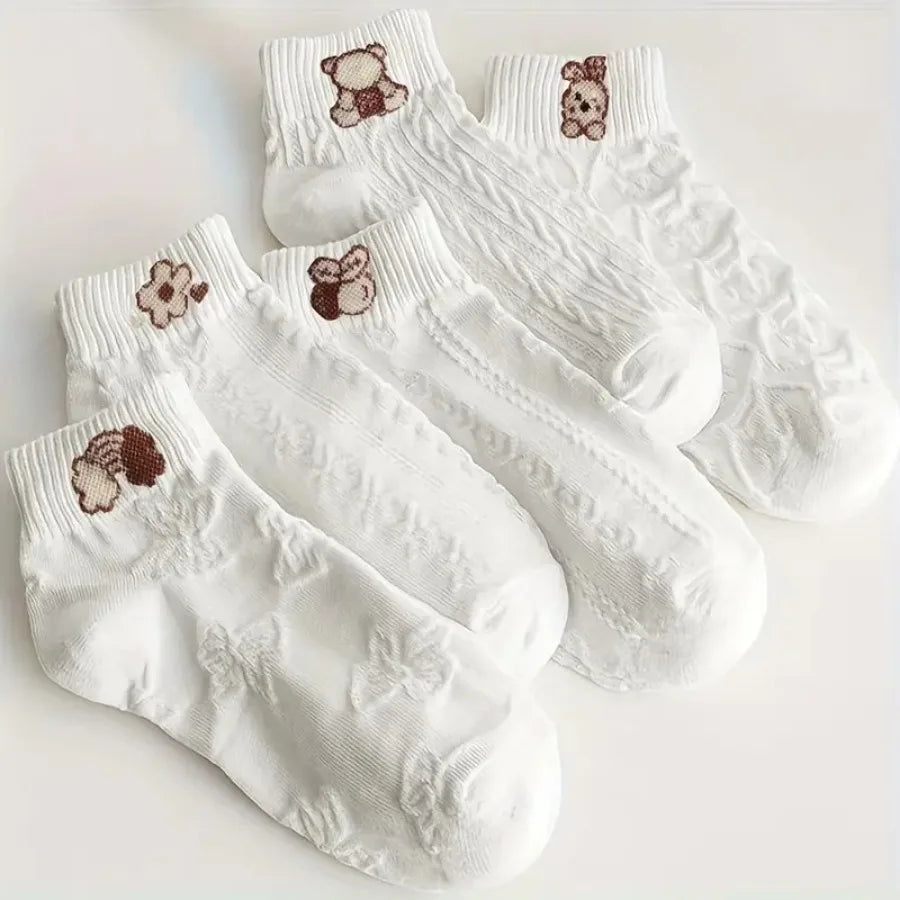 5 Pairs of White Cartoon Pattern Socks with Cartoon Bear and Floral Patterns - Soft, Machine Washable, Suitable for All Seasons