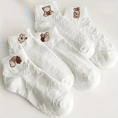 5 Pairs of White Cartoon Pattern Socks with Cartoon Bear and Floral Patterns - Soft, Machine Washable, Suitable for All Seasons