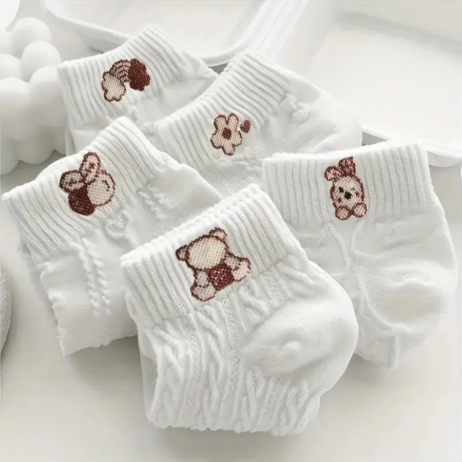 5 Pairs of White Cartoon Pattern Socks with Cartoon Bear and Floral Patterns - Soft, Machine Washable, Suitable for All Seasons