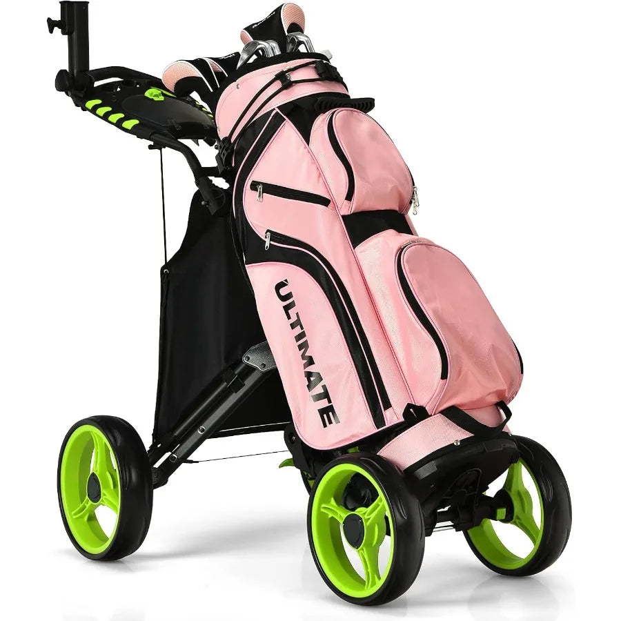 Height Adjustable Portable Golf Push Cart with Umbrella Holder Waterproof Bag Builtin Cooler Foot Brake for Easy Transport and