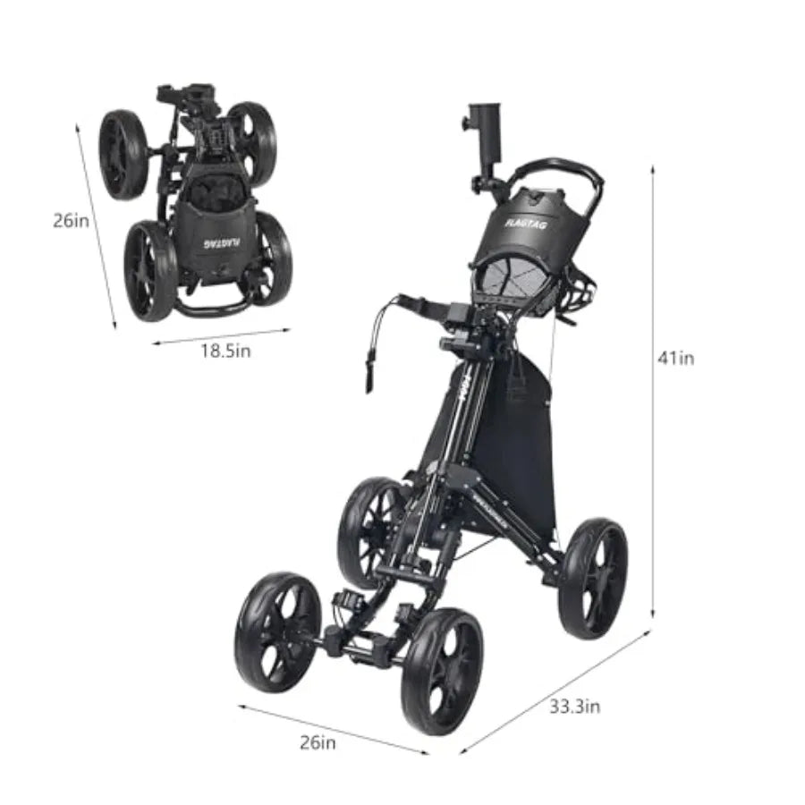 Folding Golf Push Cart 4-Wheels Adjustable Height Handle Cup Holder Umbrella Holder Cooler Bag One-Click Foldable Walking Push