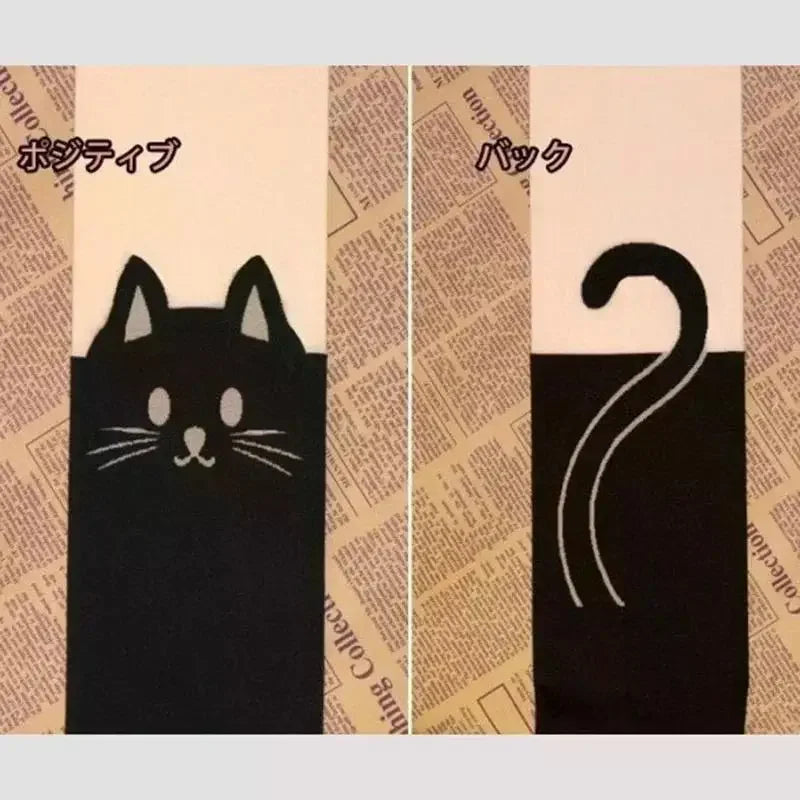 Women's Cute Black Cat Printed Silk Knee Socks Casual Thigh Cotton Warm High Over Knee Socks Cute Romantic Socks Lady Cat