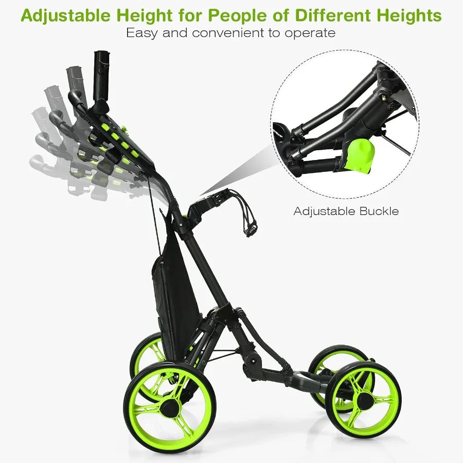 Height Adjustable Portable Golf Push Cart with Umbrella Holder Waterproof Bag Builtin Cooler Foot Brake for Easy Transport and