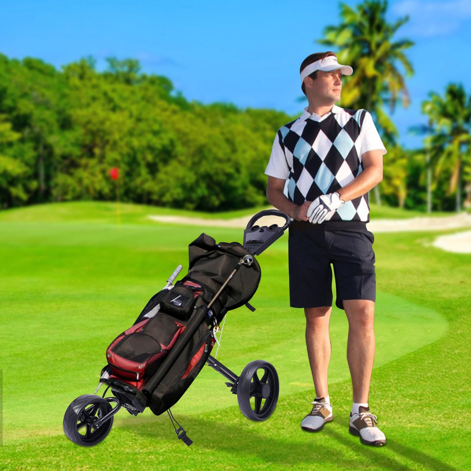 3 Wheel Foldable/Collapsible Golf Push Cart with Foot Brake Open and Close in ONE Second-Free Cup Holder Included
