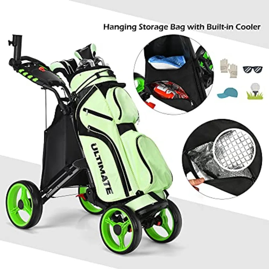 Lightweight Folding 4 Wheels Golf Push Cart with Waterproof Bag and Foot Brake Height-Adjustable Handle Free Cup and Adjustable