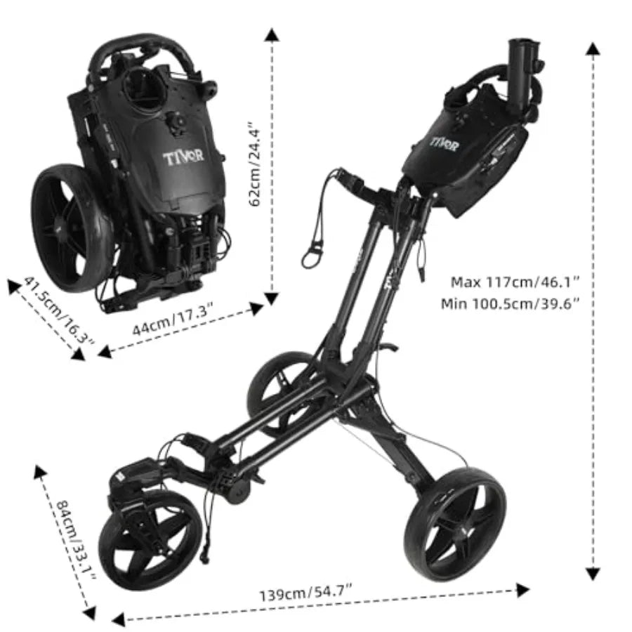 Golf Push Cart with 360 Front Wheels Handbrake 3 Wheel Pull Cart Offers One-Click Folding and All-Terrain Mobility