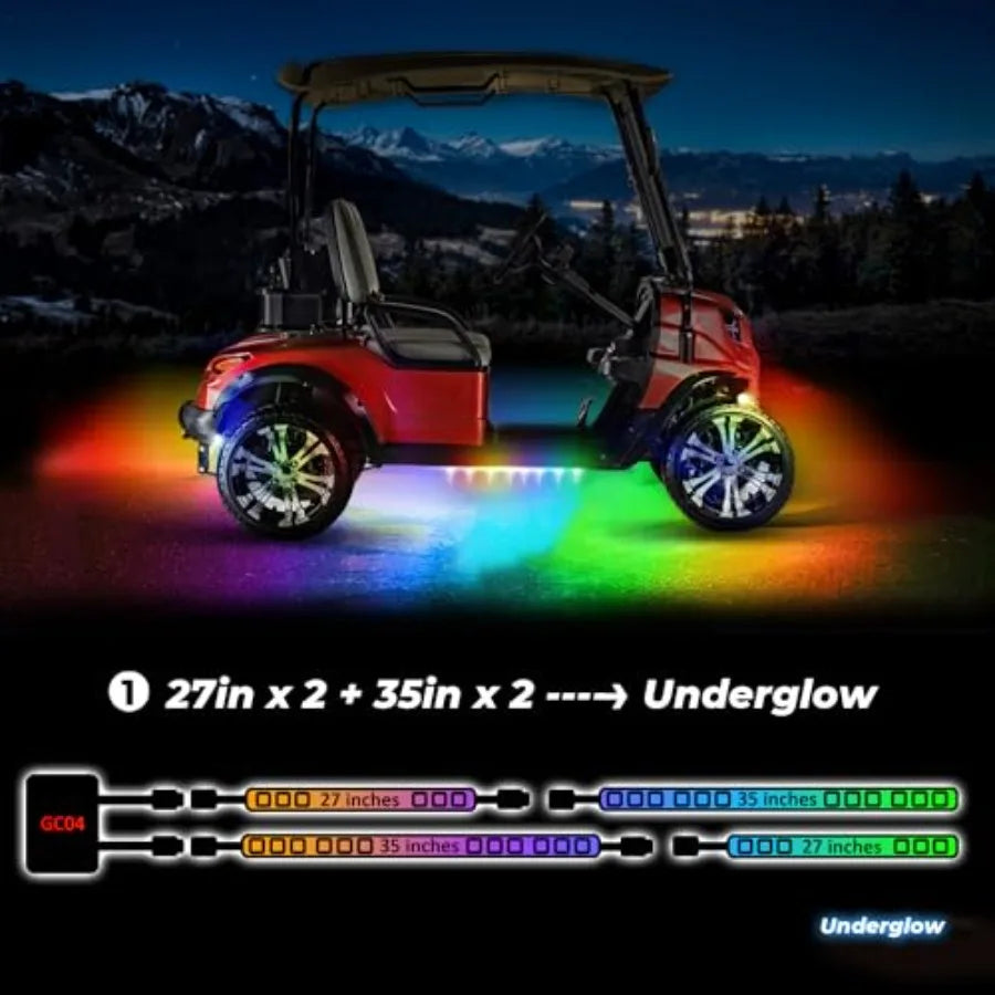 4PCS 12V-72V Golf Cart Lights RGB Led Underglow Light Kit with 2 Remotes and App Control Voltage Reducer Waterproof Sound Activ