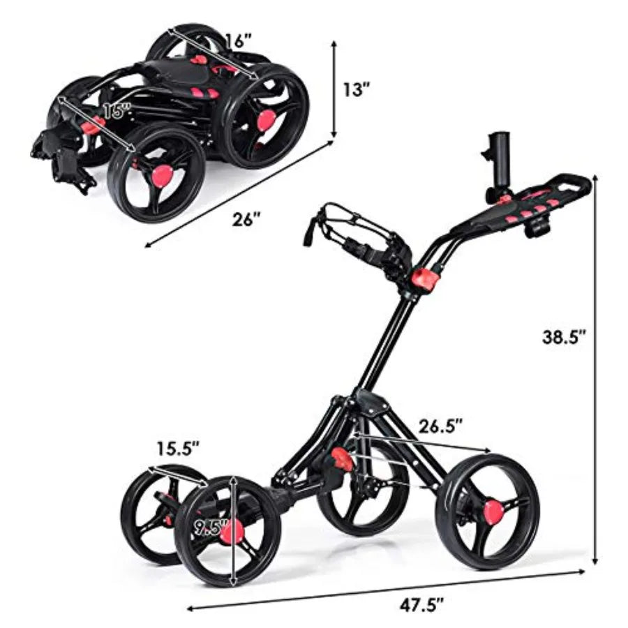 Lightweight Aluminum Collapsible 4 Wheels Push Cart Golf Trolley with Foot Brake Height-Adjustable Handle