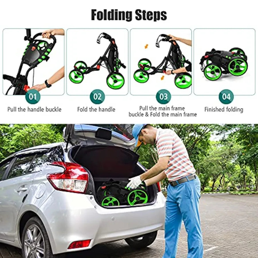 Lightweight Folding 4 Wheels Golf Push Cart with Waterproof Bag and Foot Brake Height-Adjustable Handle Free Cup and Adjustable