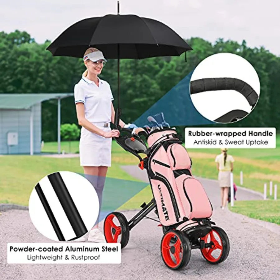 Folding Golf Push Cart 4 Wheel Height Adjustable with Flexible Umbrella Holder Cup Holder and Foot Brake Lightweight Portable G