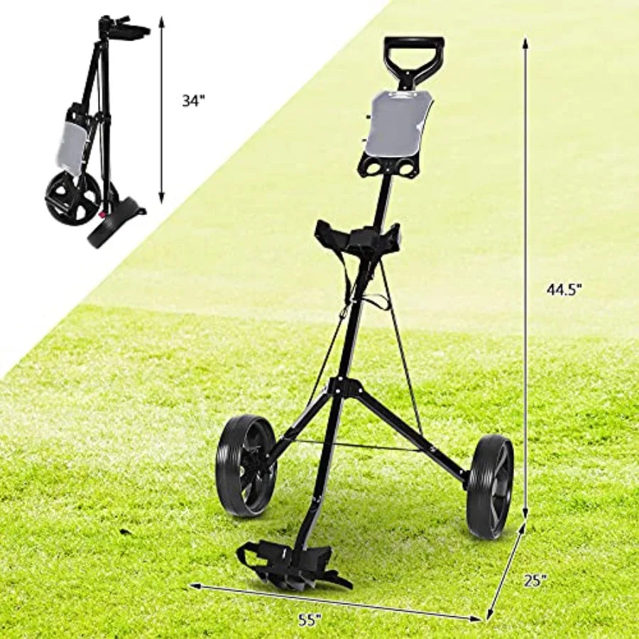 Golf Push Pull Cart 2 Wheels Foldable Lightweight Golf Trolley Cart w/Scoreboard Collapsible Golf Push Cart w/