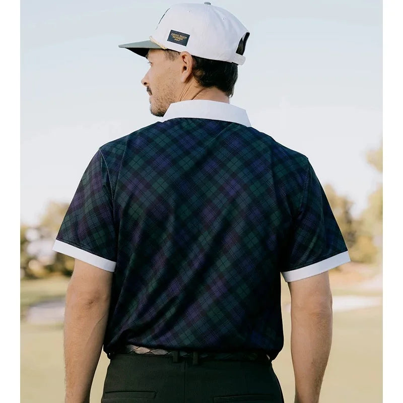Golf quick dry blue and green plaid portrait embroidered casual short sleeve T-shirt POLO shirt