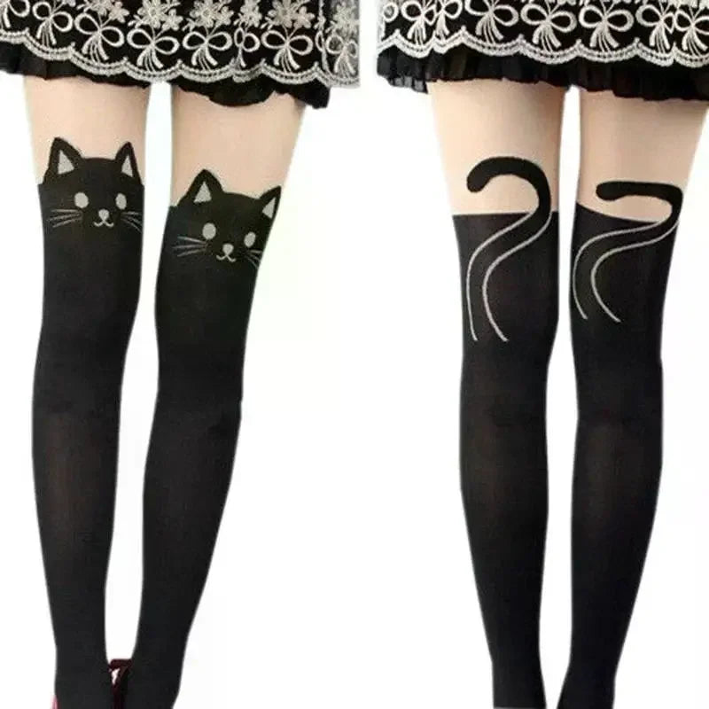 Women's Cute Black Cat Printed Silk Knee Socks Casual Thigh Cotton Warm High Over Knee Socks Cute Romantic Socks Lady Cat