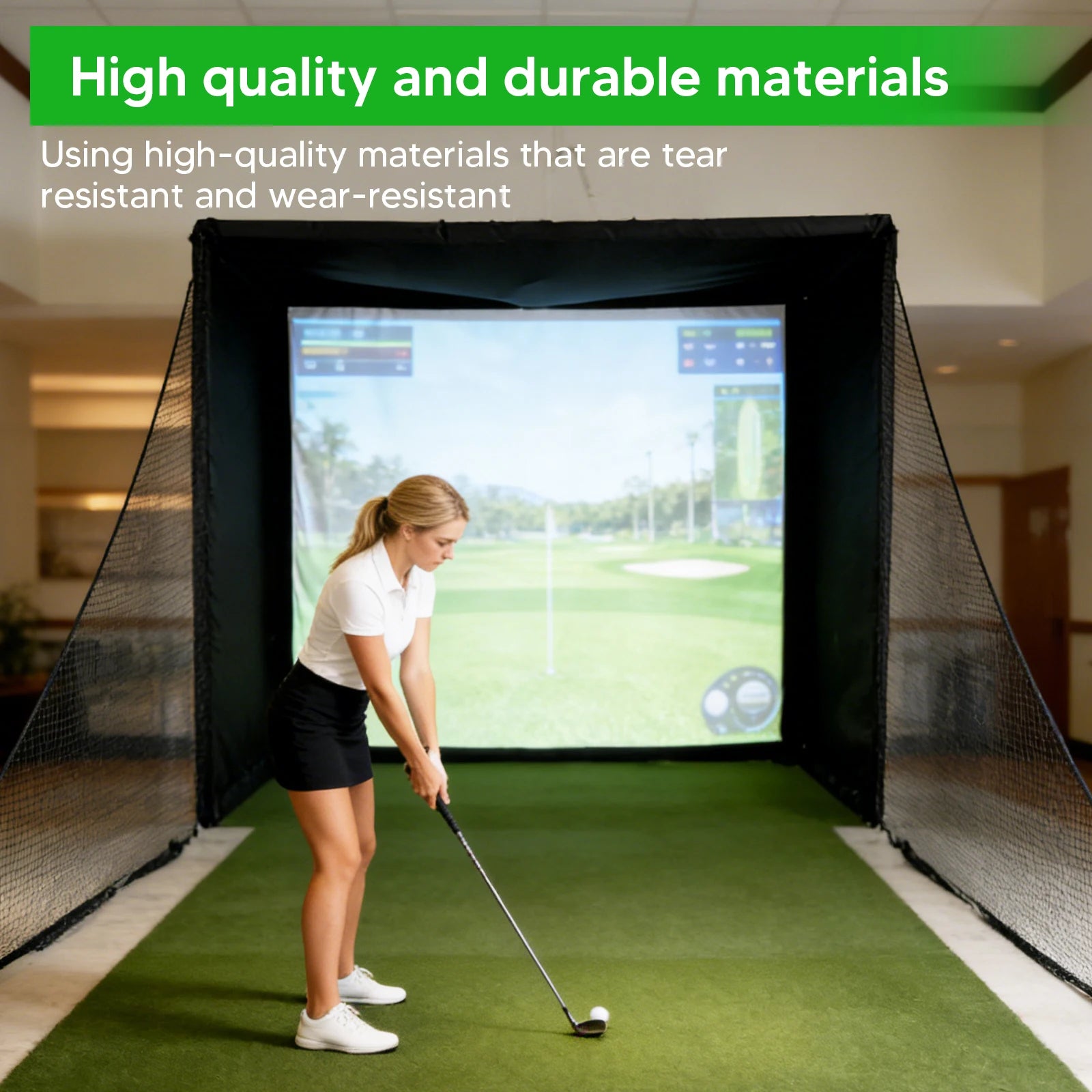 Golf Simulator Enclosure Net 9.84x8.86ft Golf Hitting Cage with Frame and HD Impact Screen Kit for Indoor Home Garage Training