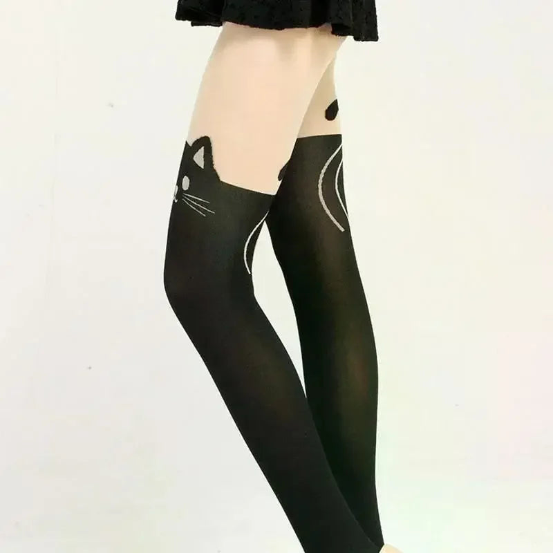Women's Cute Black Cat Printed Silk Knee Socks Casual Thigh Cotton Warm High Over Knee Socks Cute Romantic Socks Lady Cat