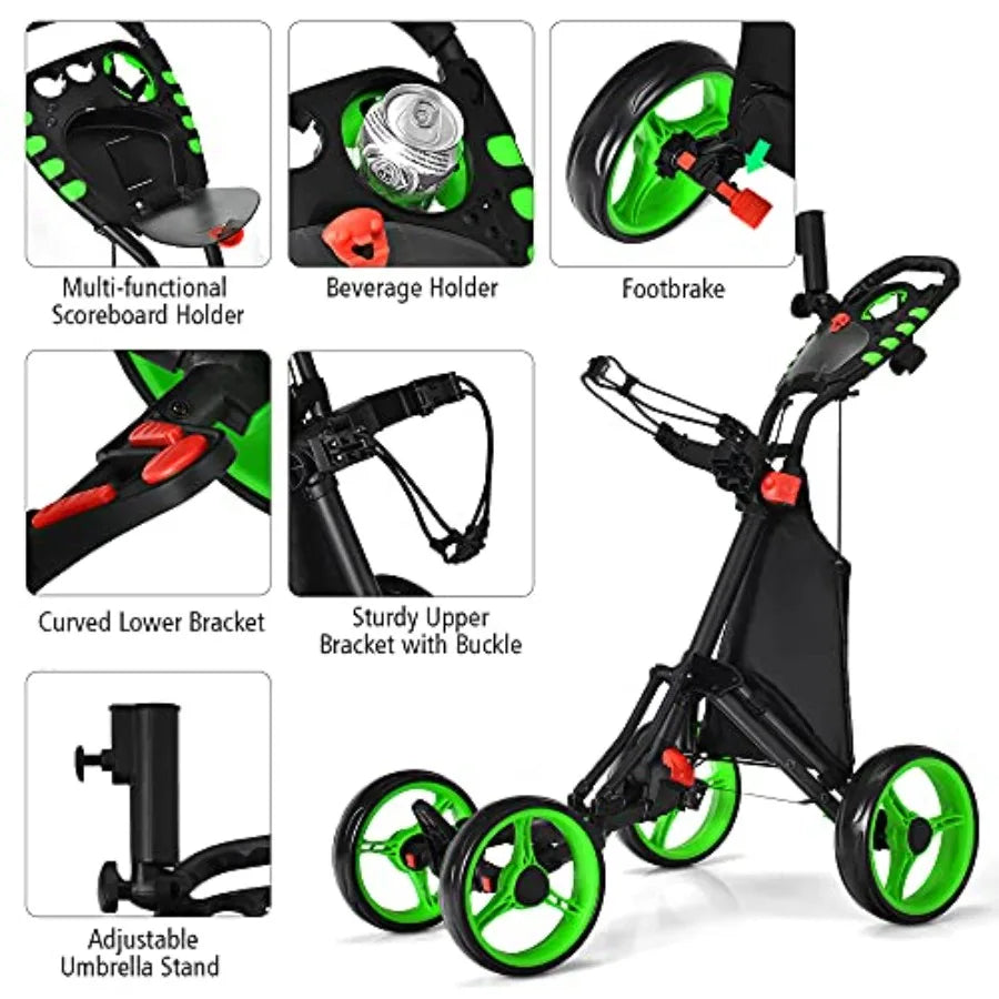 Lightweight Folding 4 Wheels Golf Push Cart with Waterproof Bag and Foot Brake Height-Adjustable Handle Free Cup and Adjustable