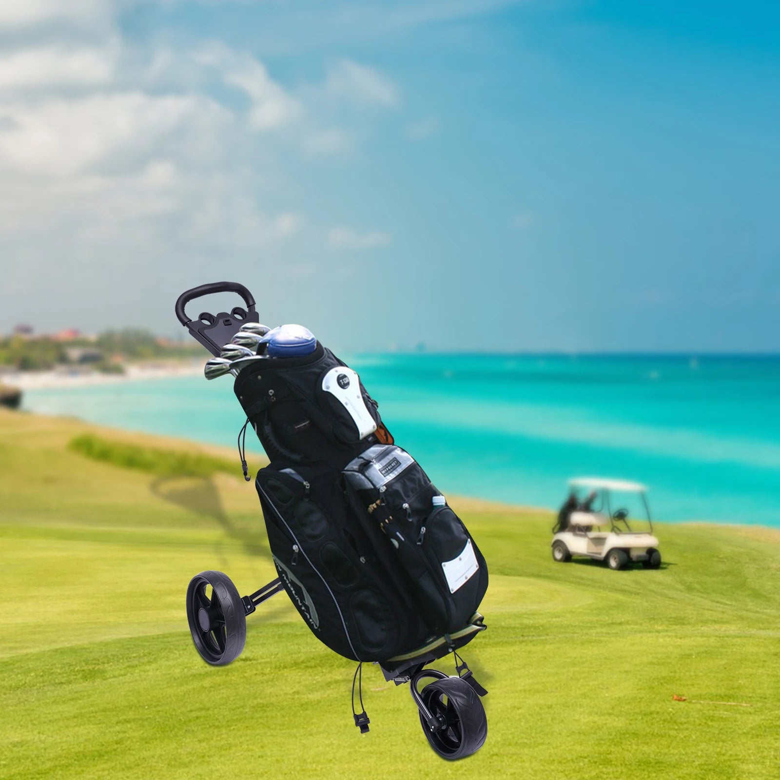 3 Wheel Foldable/Collapsible Golf Push Cart with Foot Brake Open and Close in ONE Second-Free Cup Holder Included