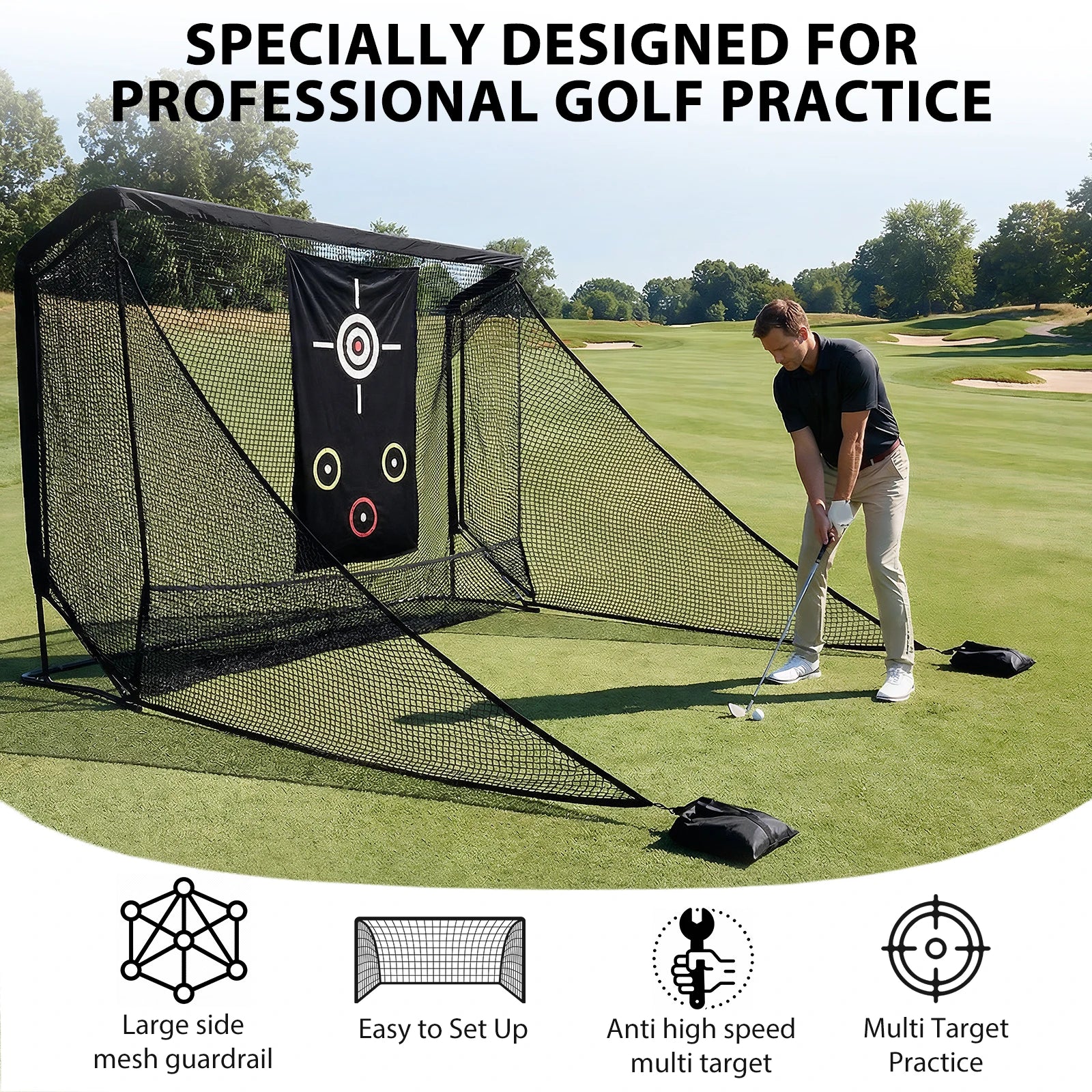 10x7ft Golf Hitting Aid Net with 2 Side Barriers & Storage Bag Golf Practice Net for Backyard Outdoor Driving Chipping Practice