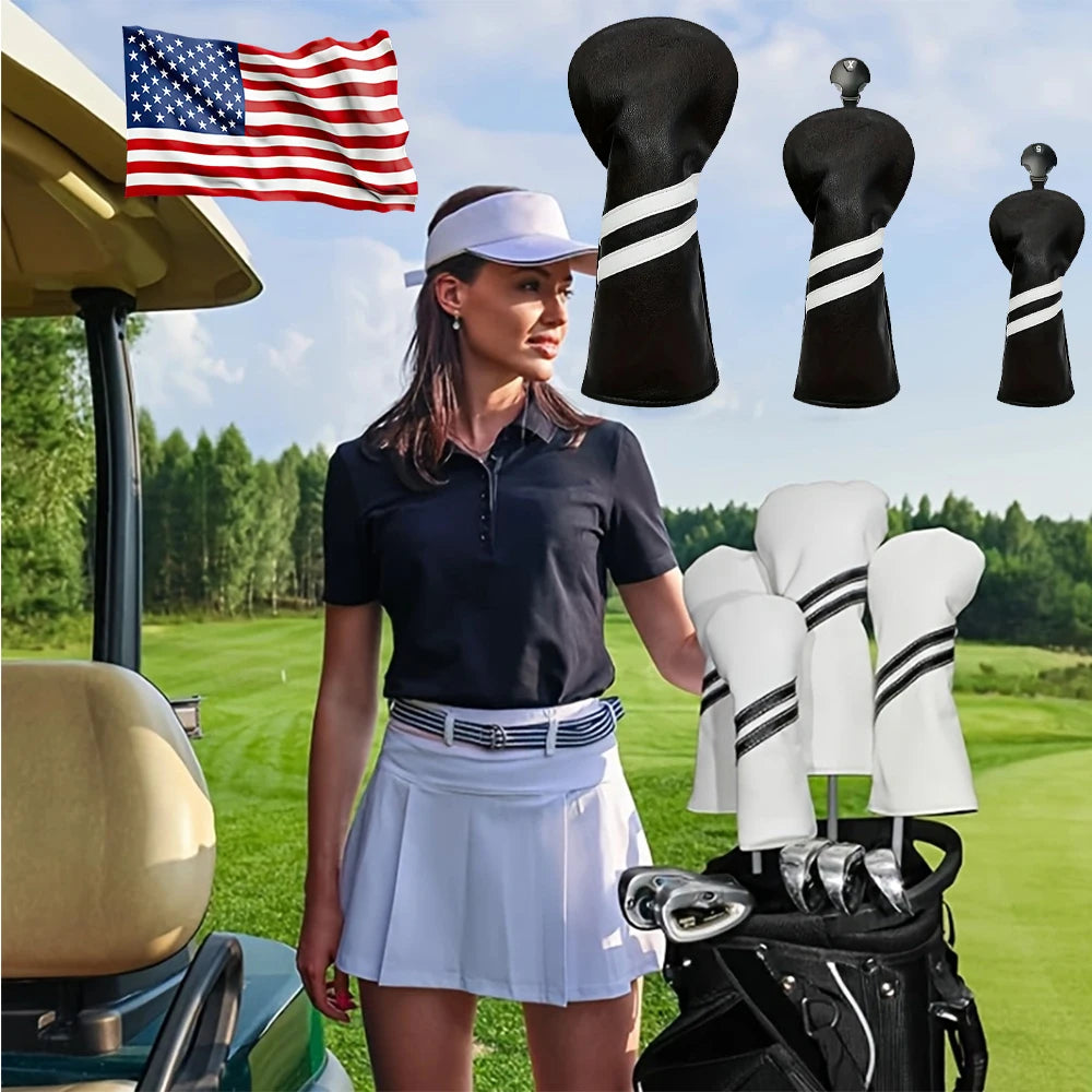 Durable Golf Club Headcover 3pcs PU Material Prevents Friction Impact Essential Golfer Golf Sports Course Use Accessory Outdoor