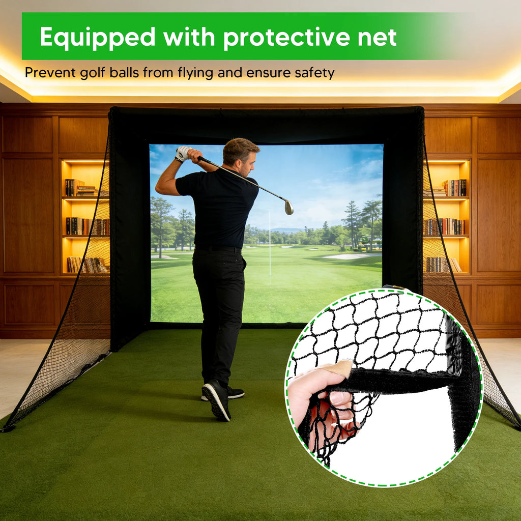 Golf Simulator Enclosure Net 9.84x8.86ft Golf Hitting Cage with Frame and HD Impact Screen Kit for Indoor Home Garage Training