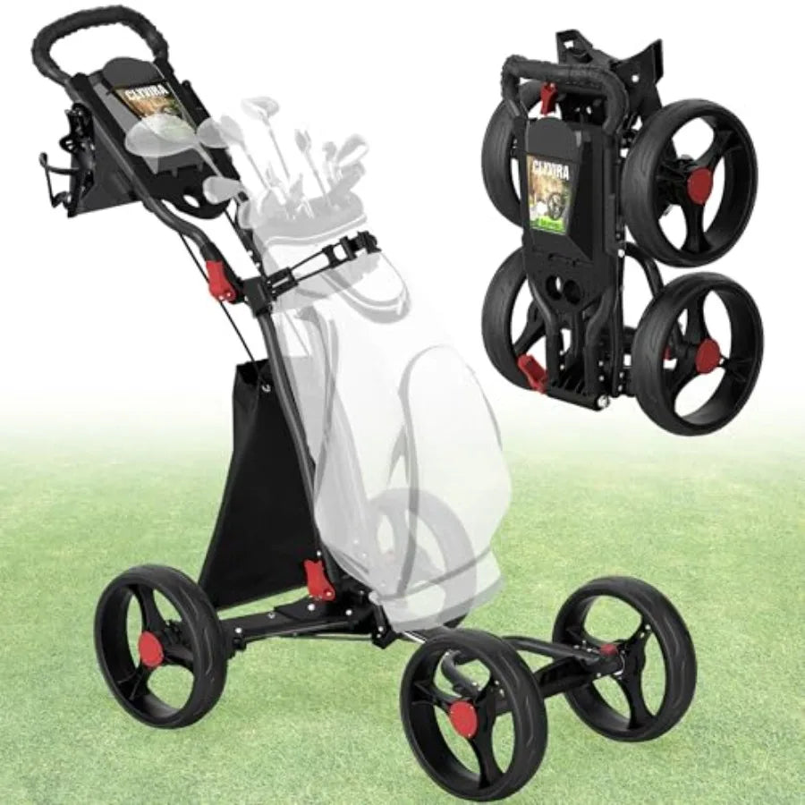 4-Wheel Golf Push Cart 1-Click Folding 300 lbs Load Capacity Large Storage with Cup Holder Cooler Bag 10 Durable Wheels with Br