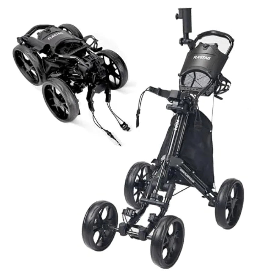 Folding Golf Push Cart 4-Wheels Adjustable Height Handle Cup Holder Umbrella Holder Cooler Bag One-Click Foldable Walking Push