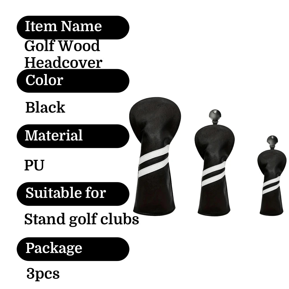 Golf Club Headcover 3pcs PU Material Outdoor Golf Sports Prevents Friction Durable Impact Essential Golfer Course Use Accessory