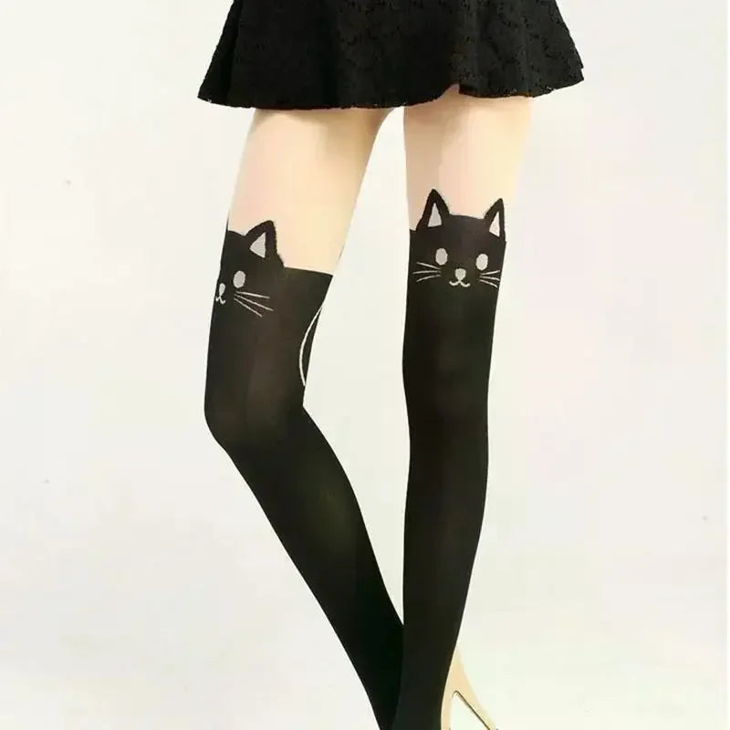 Women's Cute Black Cat Printed Silk Knee Socks Casual Thigh Cotton Warm High Over Knee Socks Cute Romantic Socks Lady Cat