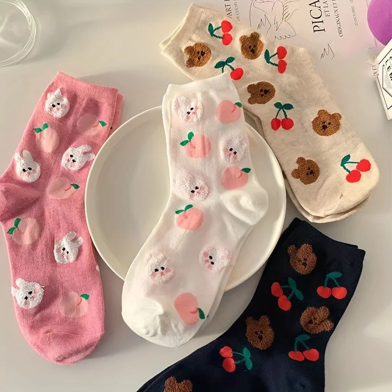 4 pairs of spring and summer soft cute girl long socks cute cartoon bear rabbit student female Korean version medium tube socks