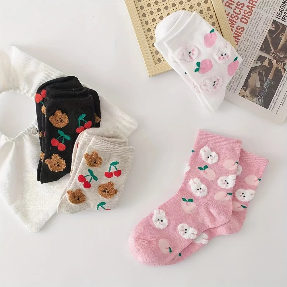 4 pairs of spring and summer soft cute girl long socks cute cartoon bear rabbit student female Korean version medium tube socks