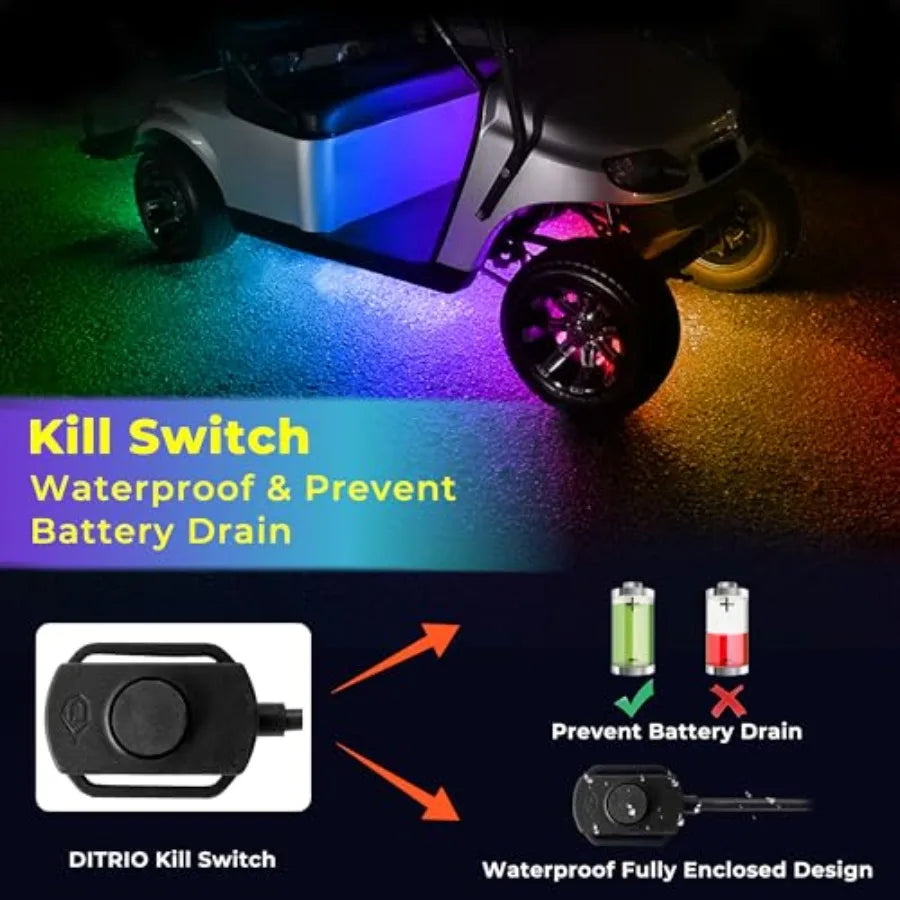 4PCS 12V-72V Golf Cart Lights RGB Led Underglow Light Kit with 2 Remotes and App Control Voltage Reducer Waterproof Sound Activ
