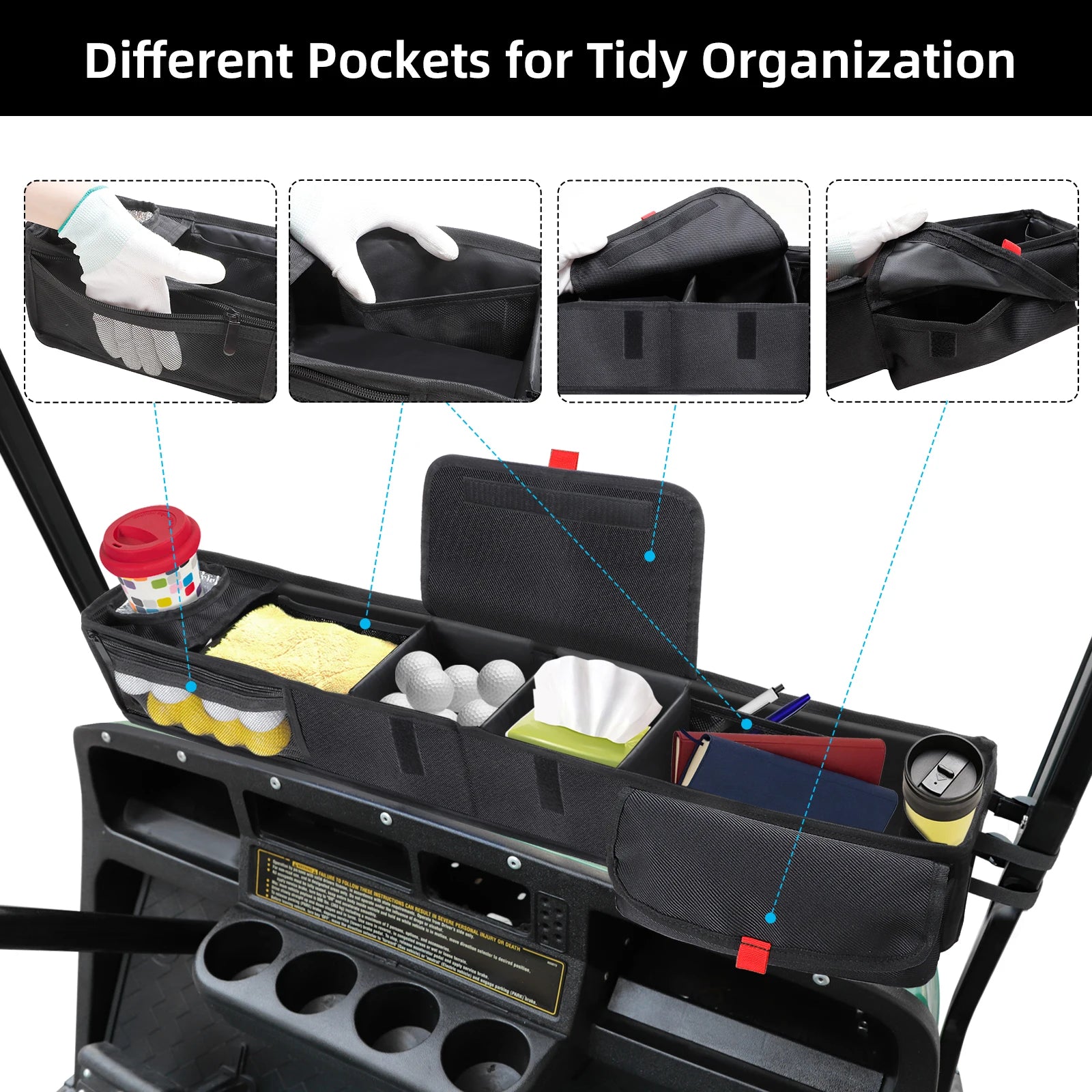 Roykaw Golf Cart Front Storage Basket, No Drilling Dash Tray Organizer, Fit for EZGO Club Car Yamaha, Adjustable Compartment