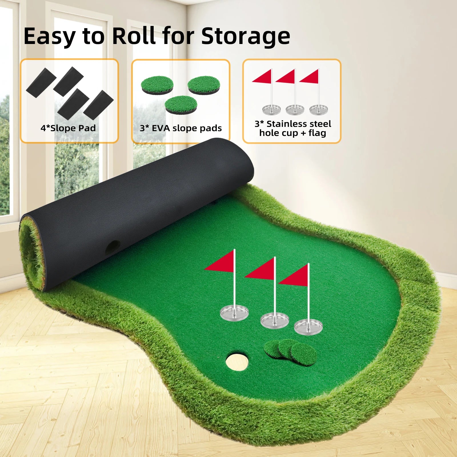 Roykaw Golf Putting Green, 5 x 10 Ft. Golf Putting Mat, Golf Practice Mat, Golf Green Mat w/ 3 Holes, Flags, Slope Sponges