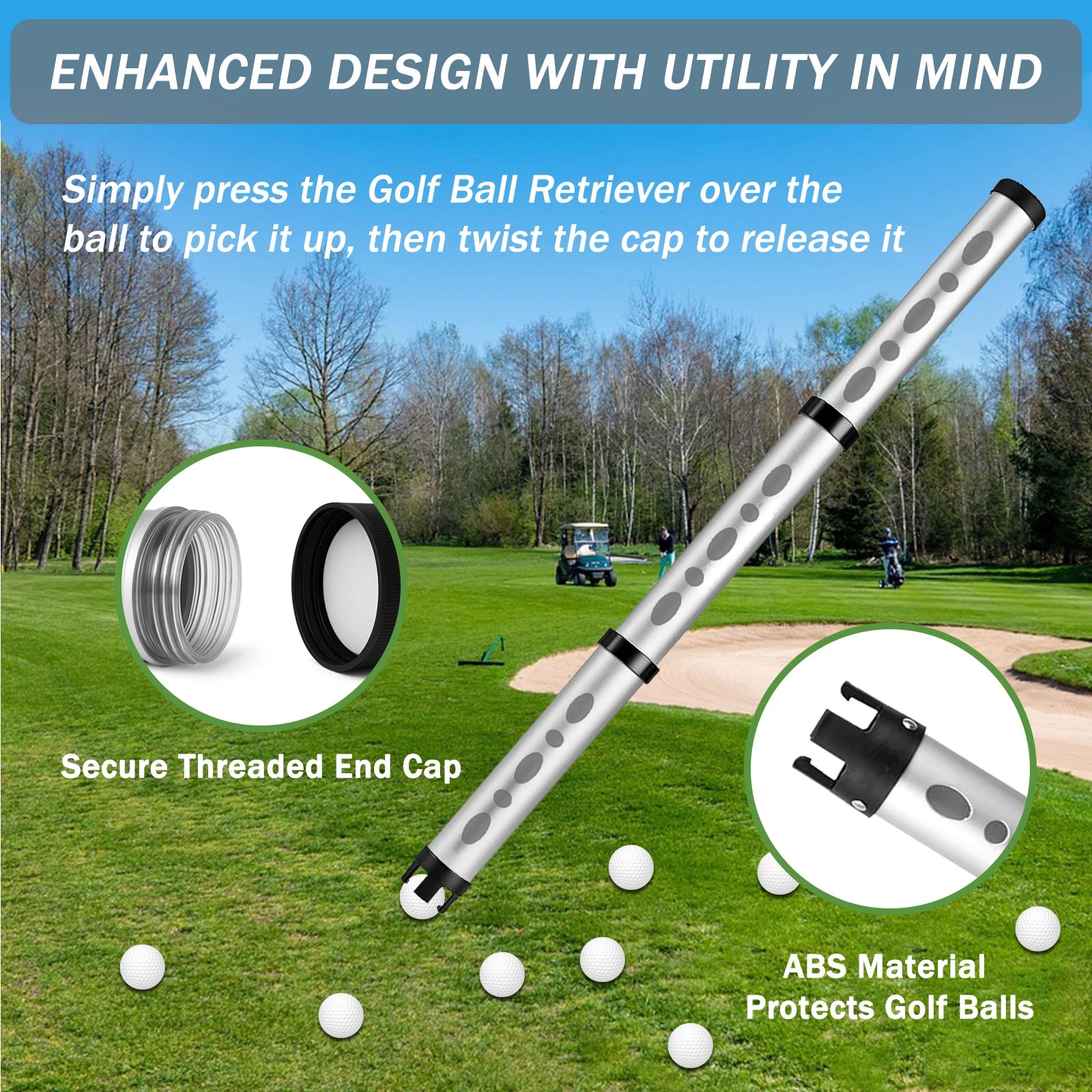 Golf Ball Retriever Aluminum Picker Upper Durable & Portable Ball Collector Tube Holds 24 Golf Balls with Carry Bag & Ball Towel