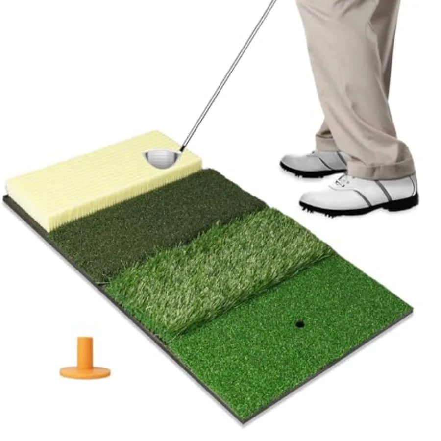 4in1 Golf Hitting Mat for Indoor and Outdoor Use: Realistic Grass and Sand Surface for Putting Driving Chipping Practice with B