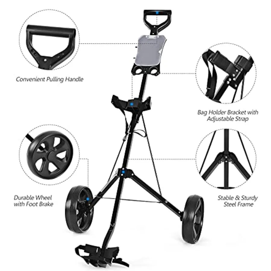 Golf Push Pull Cart 2 Wheels Foldable Lightweight Golf Trolley Cart w/Scoreboard Collapsible Golf Push Cart w/