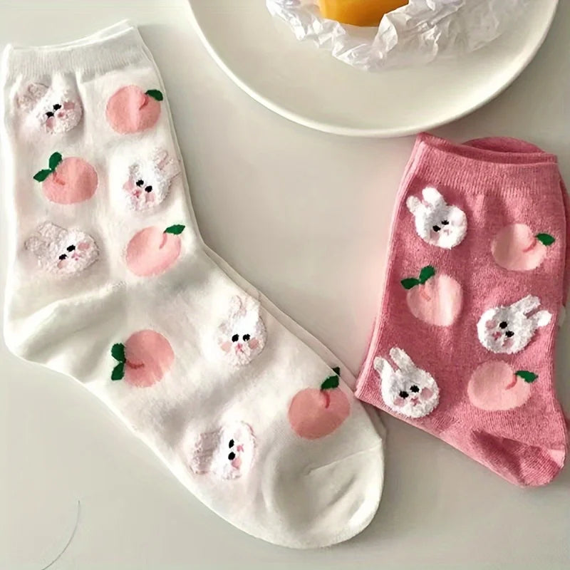 4 pairs of spring and summer soft cute girl long socks cute cartoon bear rabbit student female Korean version medium tube socks