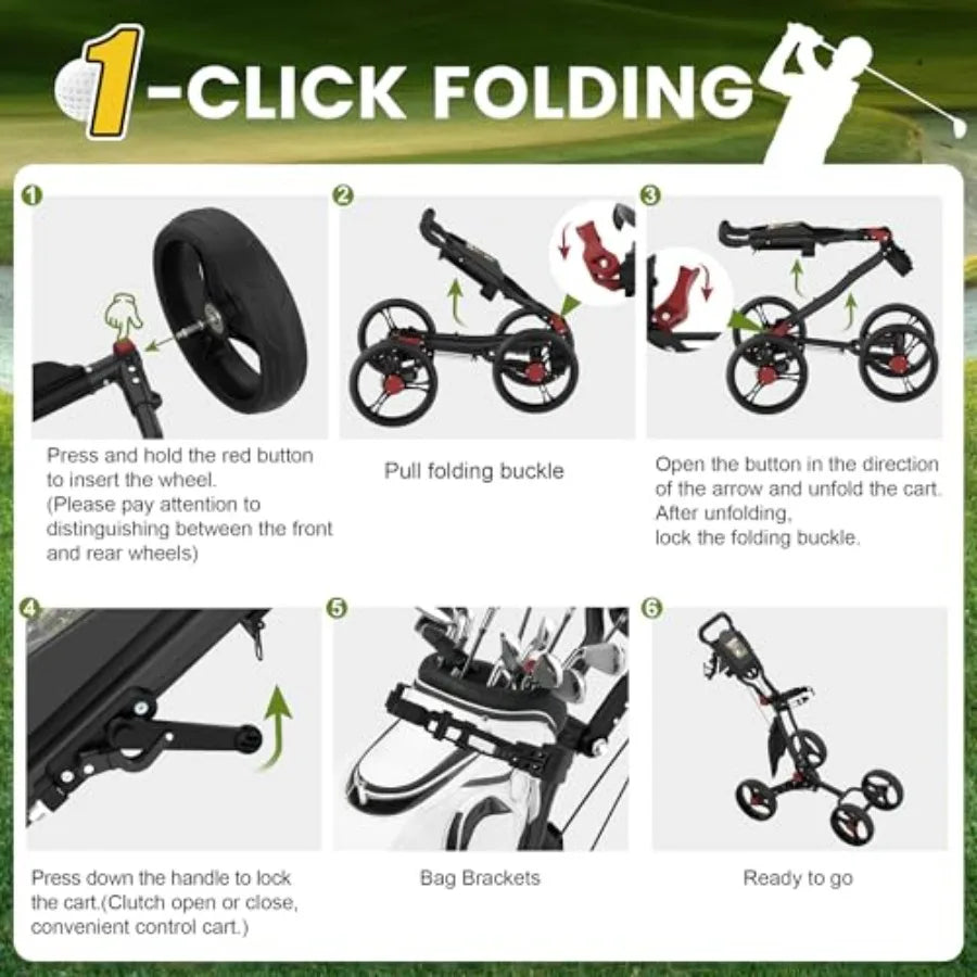 4-Wheel Golf Push Cart 1-Click Folding 300 lbs Load Capacity Large Storage with Cup Holder Cooler Bag 10 Durable Wheels with Br