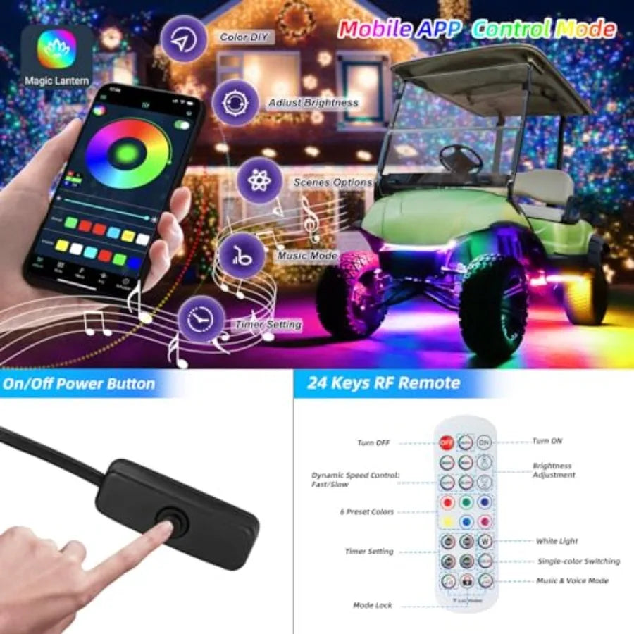 Golf Cart Underglow LED Strip Lights Accent Neon Lighting Kit for EZGO Yamaha Club Car Million Colors/Waterproof IP68/Sync to M