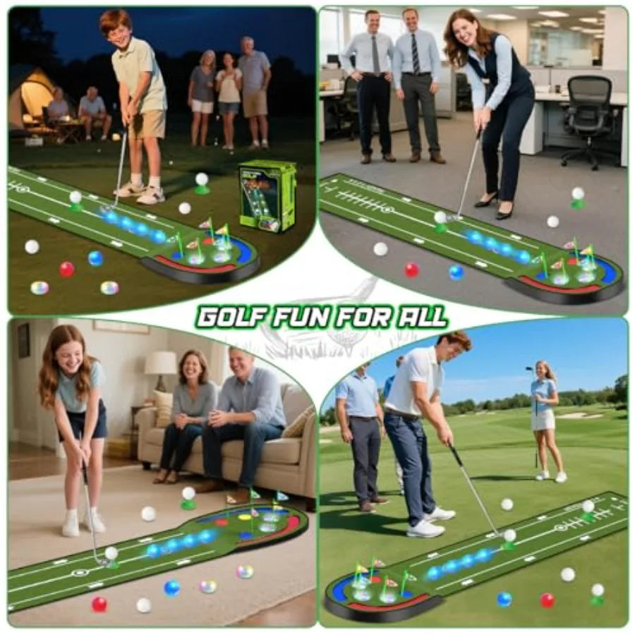 Indoor Outdoor Golf Putting Mat for 7.8 Ft with LED Light Up Holes Glowing Balls 2 Clubs Toy Golf Game Set Green Sport Training