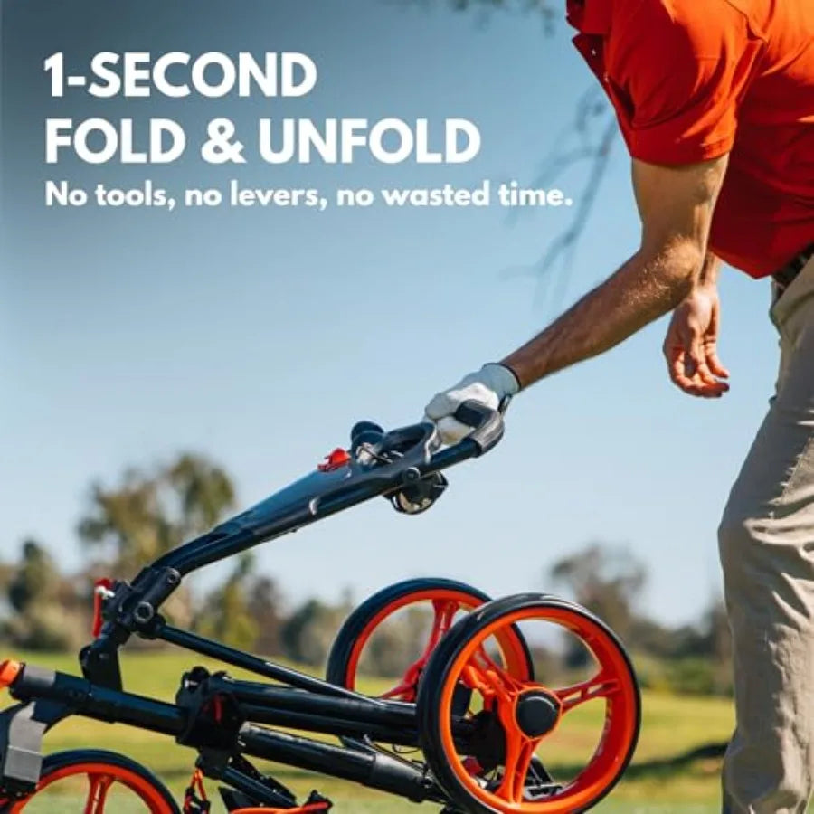 3-Wheel Golf Push Cart with 360 Swivel Front Wheel Foot Brake 1-Second Fold Unfold Trolley Lightweight Aluminum Frame Umbrella
