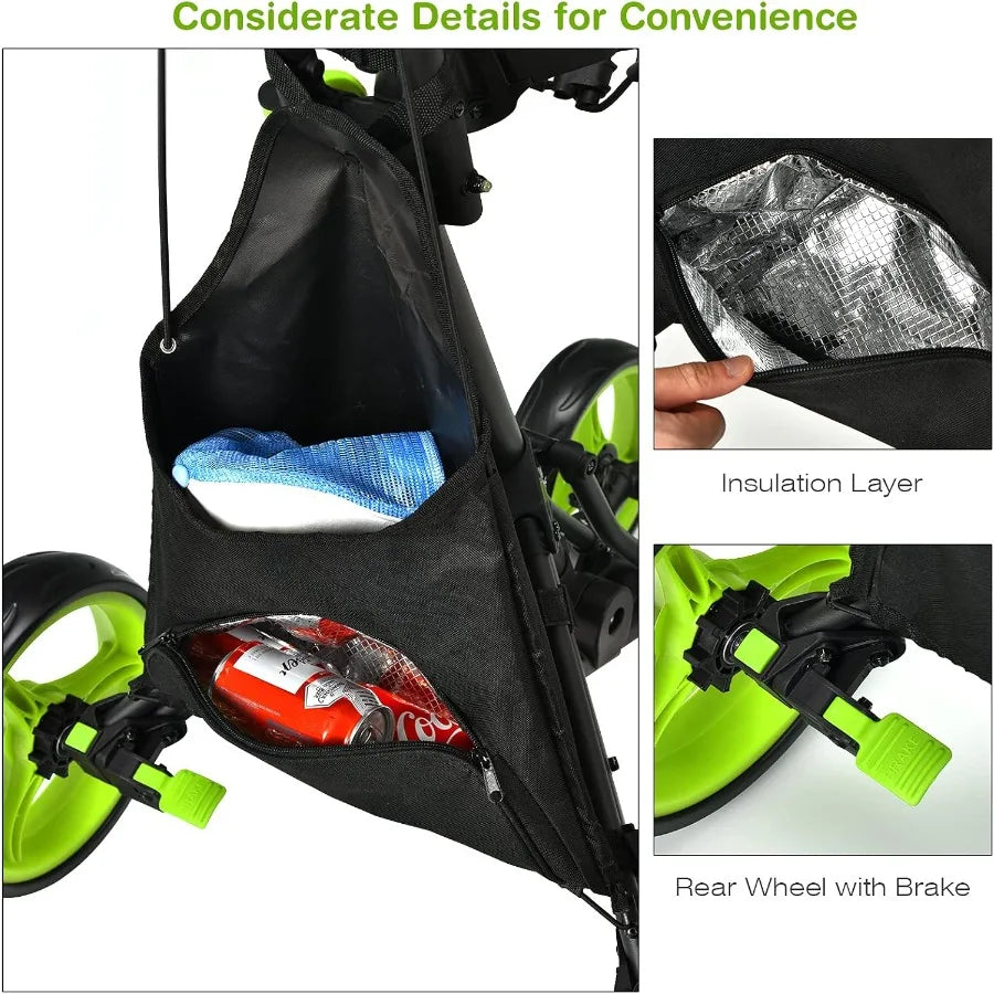 Height Adjustable Portable Golf Push Cart with Umbrella Holder Waterproof Bag Builtin Cooler Foot Brake for Easy Transport and