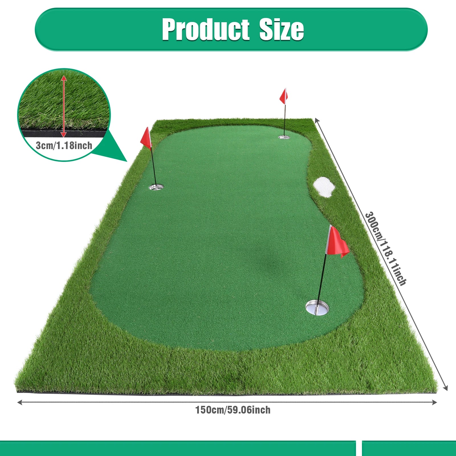 Golf Putting Training Mat Golf Putting Green Training Mat with Movable Cup/Slope Pad 3mx1.5m for Putting Practice Indoor Outdoor